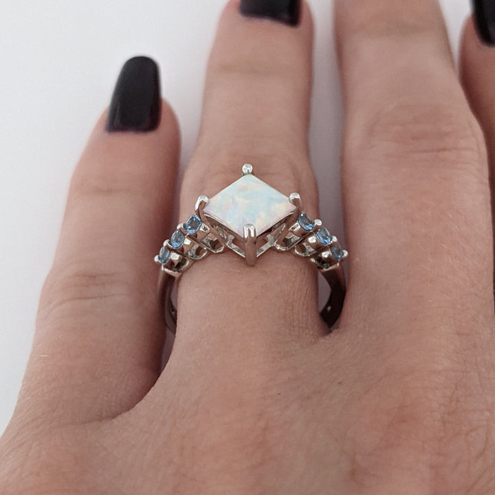 10K WHITE OPAL PRINCESS CUT 6.5MM (3) WITH BLUE TOPAZ ROUND (15) ESTATE RING & EARRING SET 4.3 GRAMS