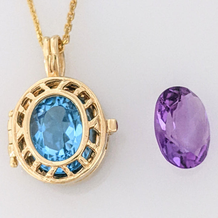 10K AMETHYST/ BLUE TOPAZ 7X9 INTERCHANGEABLE ESTATE PENDANT & 14K CHAIN 3.9 GRAMS