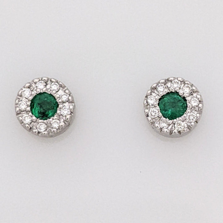 18K WHITE EMERALD ROUND 2.5MM WITH MELEE HALO ESTATE STUD EARRINGS 2.4 GRAMS