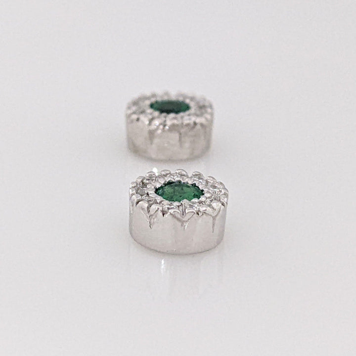 18K WHITE EMERALD ROUND 2.5MM WITH MELEE HALO ESTATE STUD EARRINGS 2.4 GRAMS