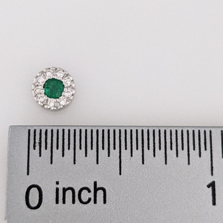 18K WHITE EMERALD ROUND 2.5MM WITH MELEE HALO ESTATE STUD EARRINGS 2.4 GRAMS