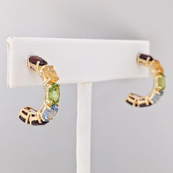 14K GARNET (2), CITRINE, PERIDOT BLUE TOPAZ, AMETHYST OVAL 4X6 ESTATE HOOP EARRINGS 3.1 GRAMS