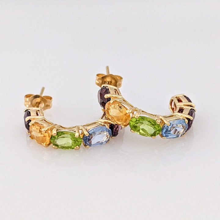 14K GARNET (2), CITRINE, PERIDOT BLUE TOPAZ, AMETHYST OVAL 4X6 ESTATE HOOP EARRINGS 3.1 GRAMS
