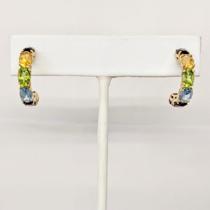 14K GARNET (2), CITRINE, PERIDOT BLUE TOPAZ, AMETHYST OVAL 4X6 ESTATE HOOP EARRINGS 3.1 GRAMS