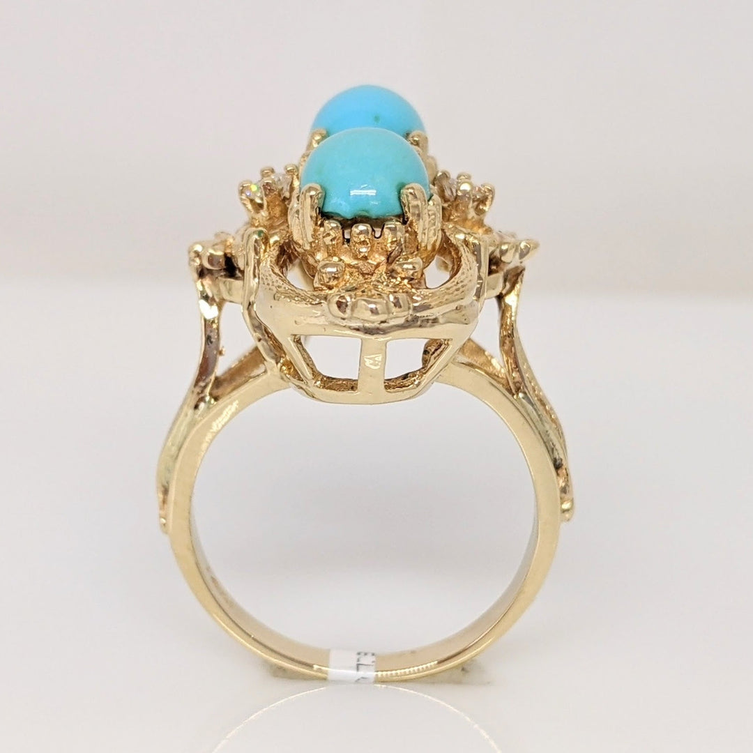 14K TURQUOISE OVAL CABACHON 6X7.5 WITH (2) MELEE ESTATE RING 8.0 GRAMS
