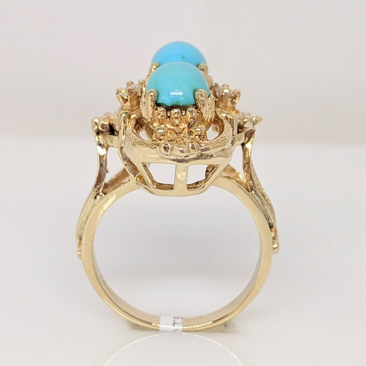 14K TURQUOISE OVAL CABACHON 6X7.5 WITH (2) MELEE ESTATE RING 8.0 GRAMS