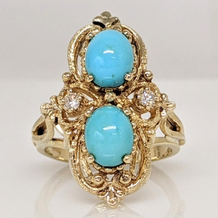 14K TURQUOISE OVAL CABACHON 6X7.5 WITH (2) MELEE ESTATE RING 8.0 GRAMS