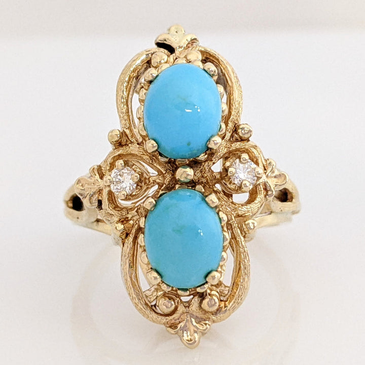 14K TURQUOISE OVAL CABACHON 6X7.5 WITH (2) MELEE ESTATE RING 8.0 GRAMS
