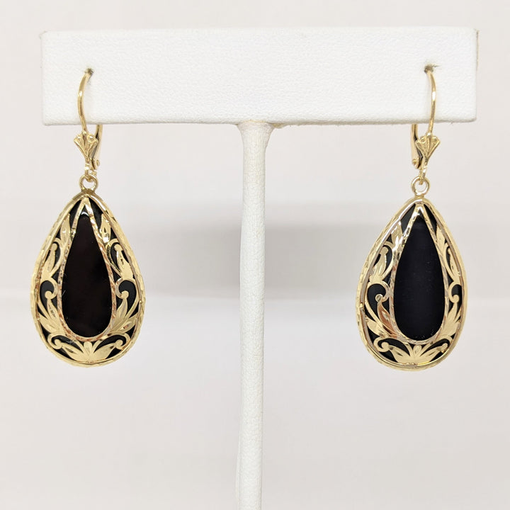 14K ONYX PEAR 17X27 GOLD DESIGN LEVERBACK ESTATE EARRINGS 8.4 GRAMS