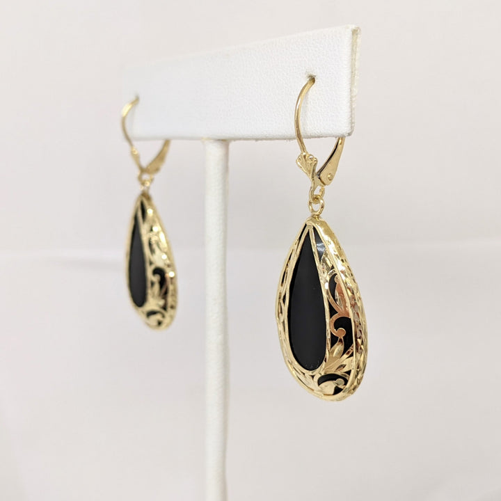 14K ONYX PEAR 17X27 GOLD DESIGN LEVERBACK ESTATE EARRINGS 8.4 GRAMS