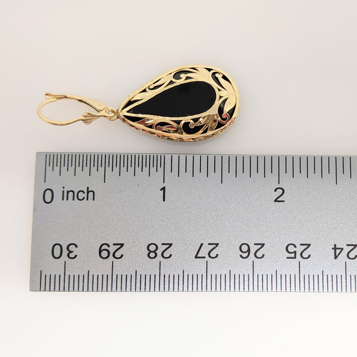 14K ONYX PEAR 17X27 GOLD DESIGN LEVERBACK ESTATE EARRINGS 8.4 GRAMS