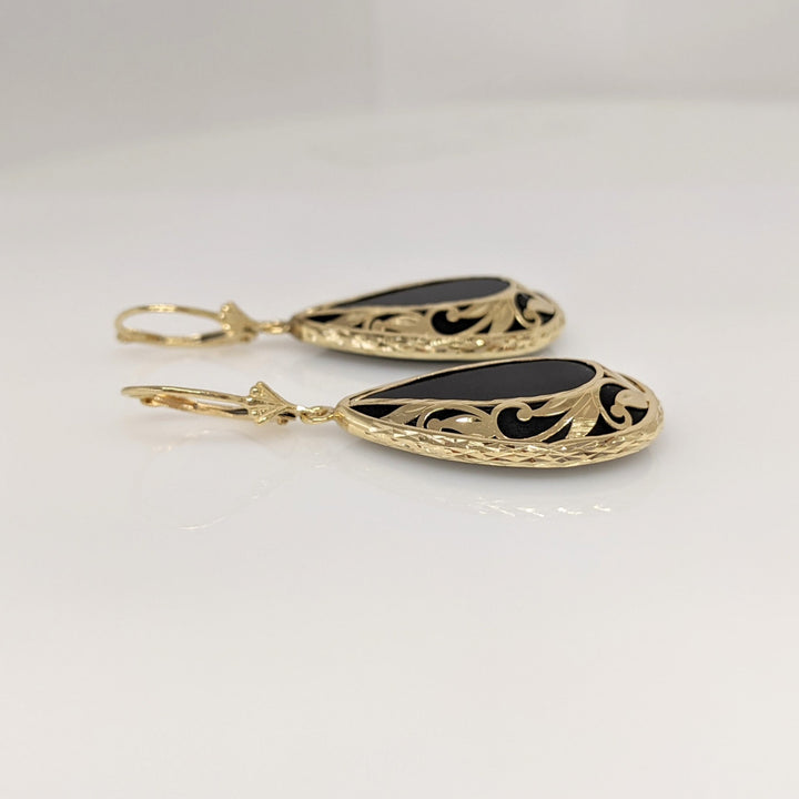 14K ONYX PEAR 17X27 GOLD DESIGN LEVERBACK ESTATE EARRINGS 8.4 GRAMS