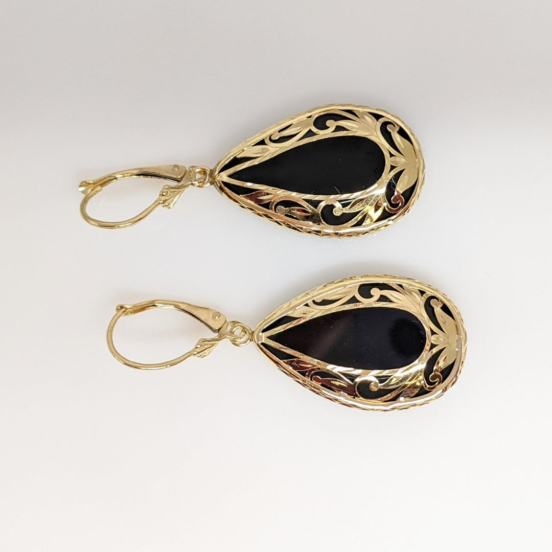 14K ONYX PEAR 17X27 GOLD DESIGN LEVERBACK ESTATE EARRINGS 8.4 GRAMS