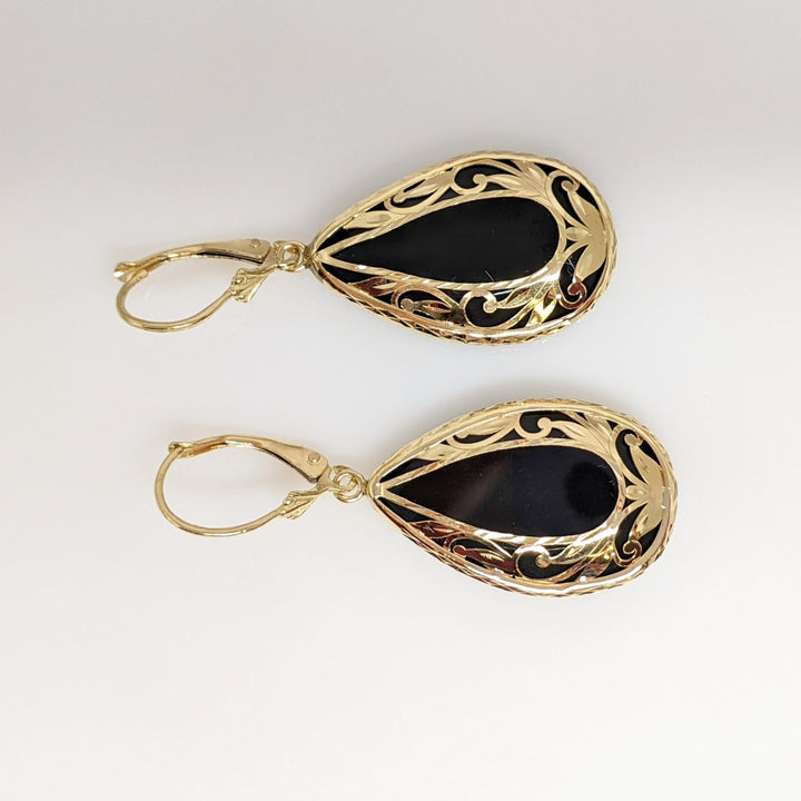 14K ONYX PEAR 17X27 GOLD DESIGN LEVERBACK ESTATE EARRINGS 8.4 GRAMS