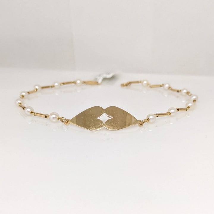 14K PEARL ROUND (14) 3.7MM WITH (2) HEART ESTATE BRACELET 3.8 GRAMS
