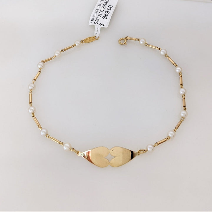 14K PEARL ROUND (14) 3.7MM WITH (2) HEART ESTATE BRACELET 3.8 GRAMS