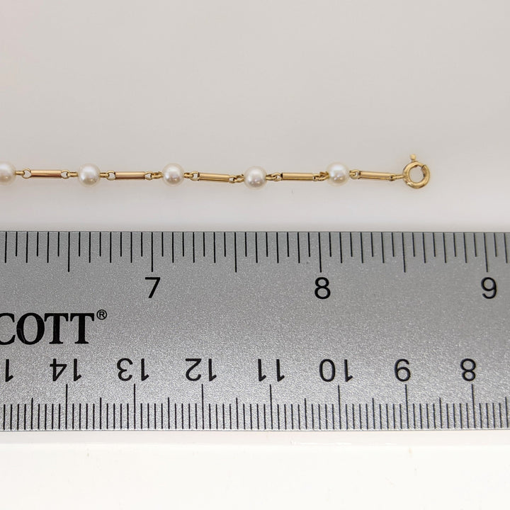 14K PEARL ROUND (14) 3.7MM WITH (2) HEART ESTATE BRACELET 3.8 GRAMS