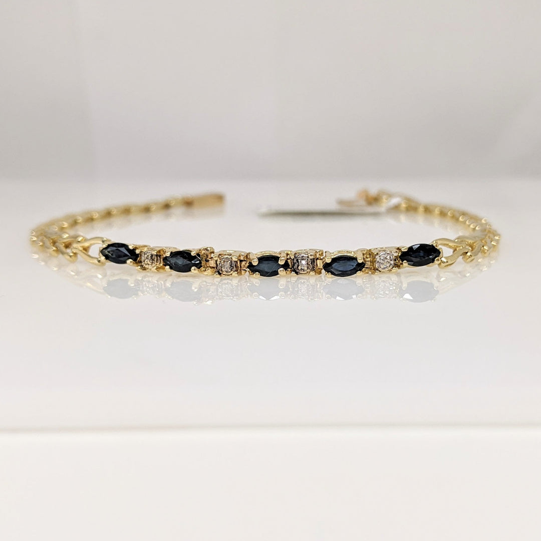 14K SAPPHIRE MARQUISE (5) 2.5X5 WITH (4) MELEE ESTATE BRACELET 5.5 GRAMS