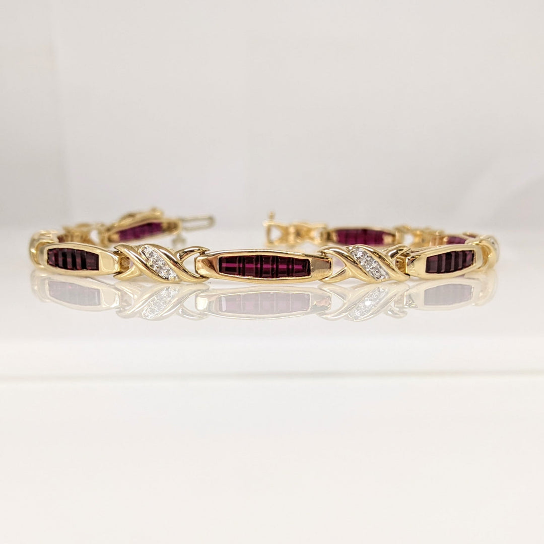10K LAB-CREATED RUBY BAGUETTE (35) WITH (7) MELEE ESTATE BRACELET 9.1 GRAMS
