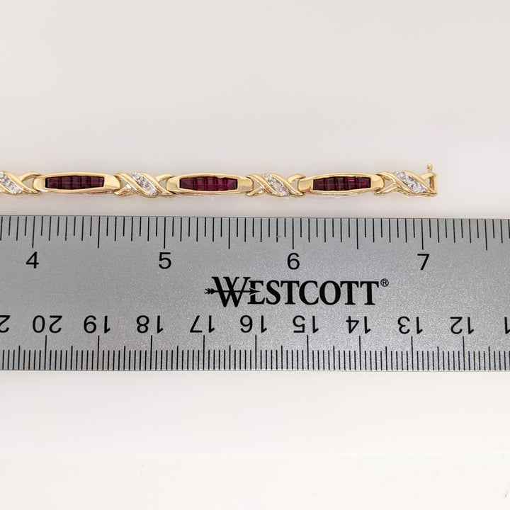 10K LAB-CREATED RUBY BAGUETTE (35) WITH (7) MELEE ESTATE BRACELET 9.1 GRAMS