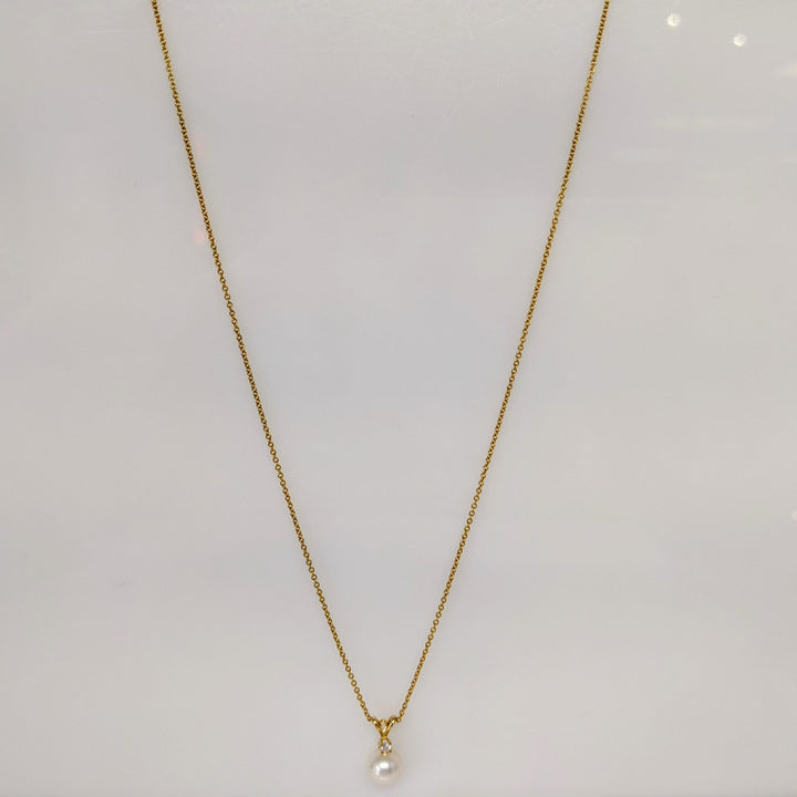 14K PEARL ROUND 6.7MM WITH MELEE ESTATE PENDANT & CHAIN 1.6 GRAMS