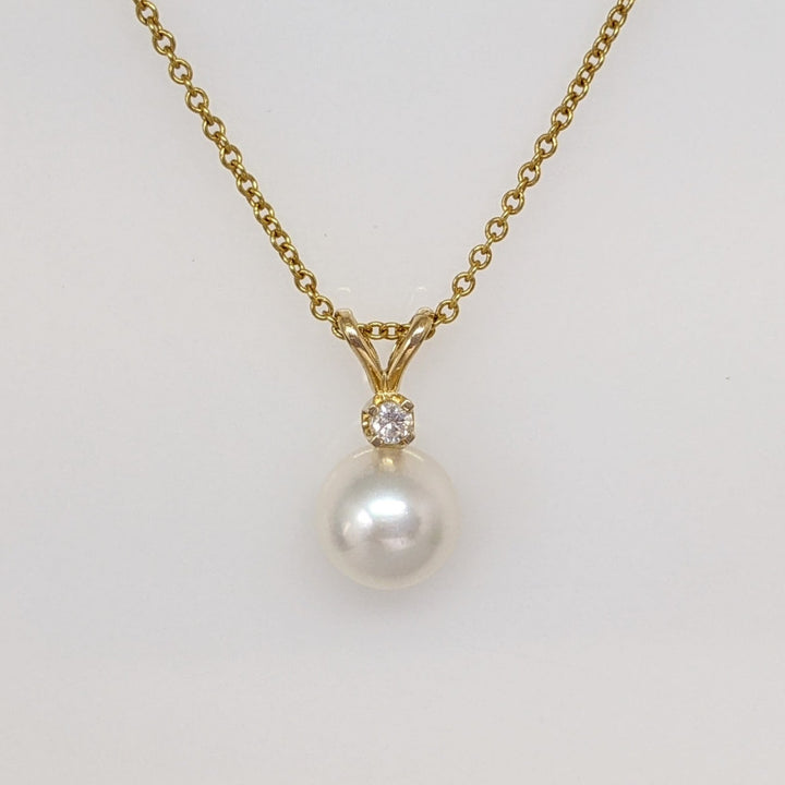 14K PEARL ROUND 6.7MM WITH MELEE ESTATE PENDANT & CHAIN 1.6 GRAMS
