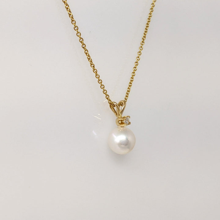 14K PEARL ROUND 6.7MM WITH MELEE ESTATE PENDANT & CHAIN 1.6 GRAMS