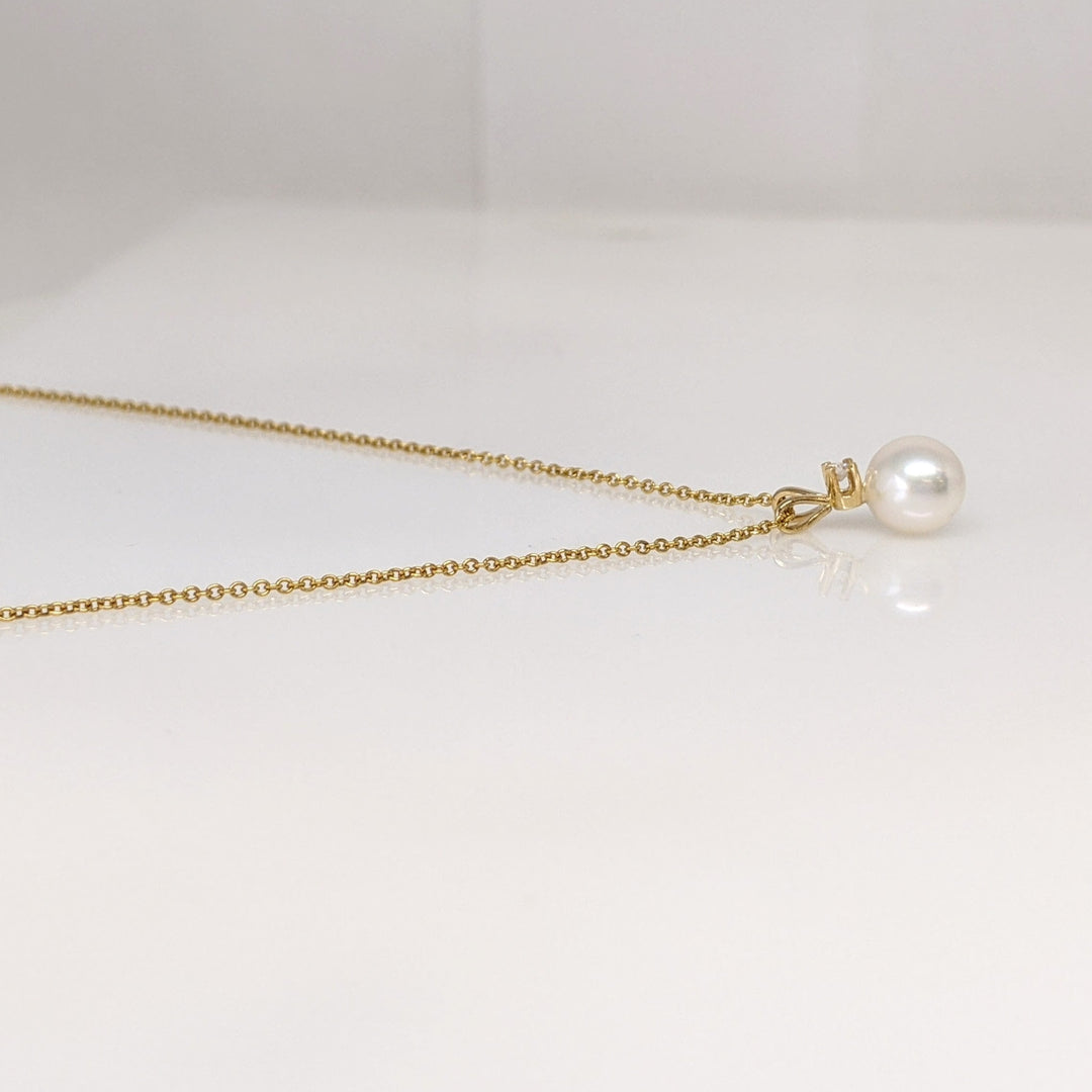 14K PEARL ROUND 6.7MM WITH MELEE ESTATE PENDANT & CHAIN 1.6 GRAMS