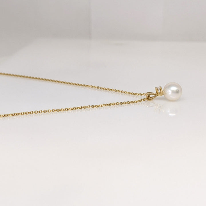 14K PEARL ROUND 6.7MM WITH MELEE ESTATE PENDANT & CHAIN 1.6 GRAMS