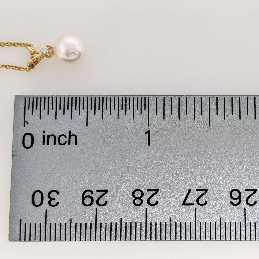 14K PEARL ROUND 6.7MM WITH MELEE ESTATE PENDANT & CHAIN 1.6 GRAMS