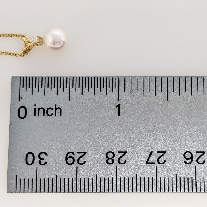 14K PEARL ROUND 6.7MM WITH MELEE ESTATE PENDANT & CHAIN 1.6 GRAMS