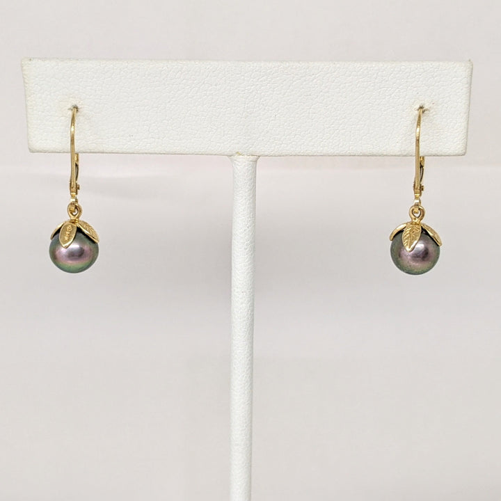 14K DYED PEARL ROUND 7.5MM LEVERBACK ESTATE EARRINGS 2.0 GRAMS