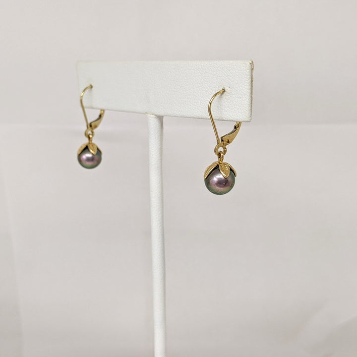 14K DYED PEARL ROUND 7.5MM LEVERBACK ESTATE EARRINGS 2.0 GRAMS