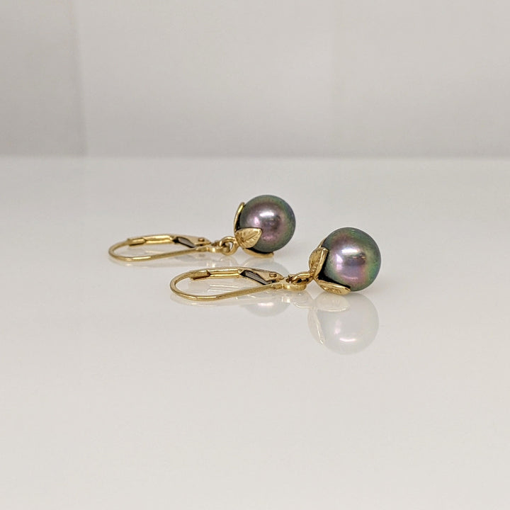 14K DYED PEARL ROUND 7.5MM LEVERBACK ESTATE EARRINGS 2.0 GRAMS