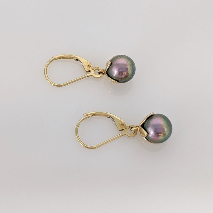 14K DYED PEARL ROUND 7.5MM LEVERBACK ESTATE EARRINGS 2.0 GRAMS