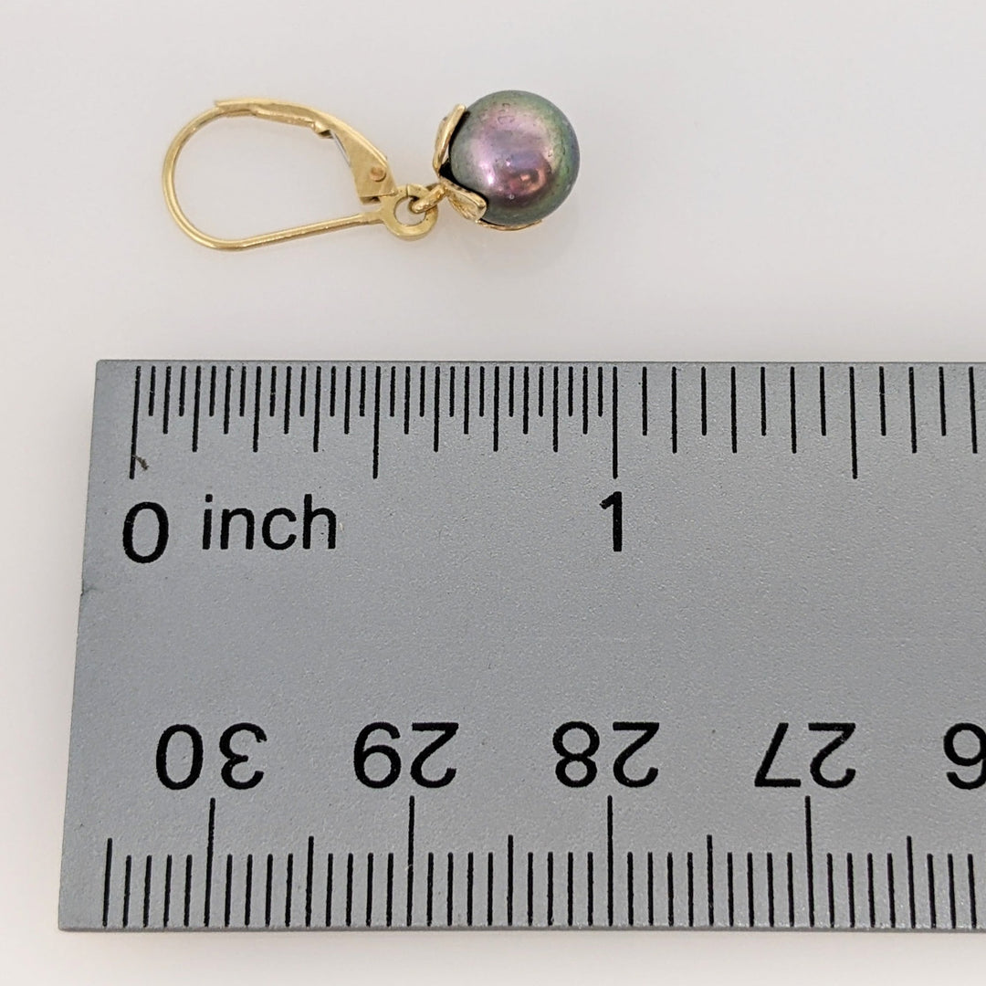 14K DYED PEARL ROUND 7.5MM LEVERBACK ESTATE EARRINGS 2.0 GRAMS