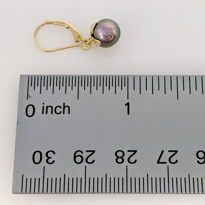 14K DYED PEARL ROUND 7.5MM LEVERBACK ESTATE EARRINGS 2.0 GRAMS