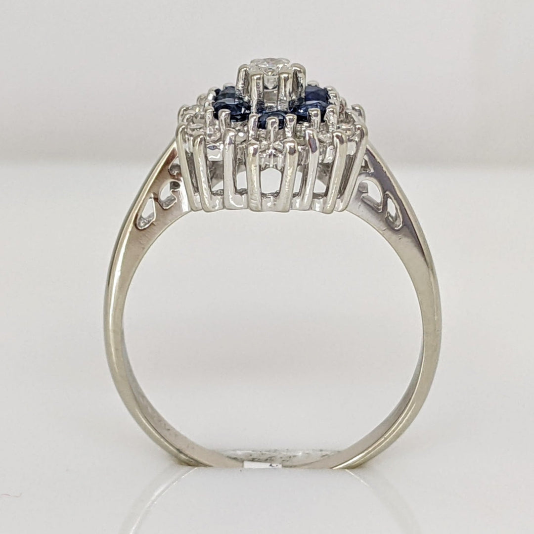 14K WHITE SAPPHIRE ROUND (6) WITH (19) MELEE ESTATE CLUSTER RING 3.3 GRAMS