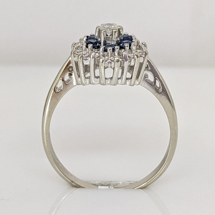 14K WHITE SAPPHIRE ROUND (6) WITH (19) MELEE ESTATE CLUSTER RING 3.3 GRAMS