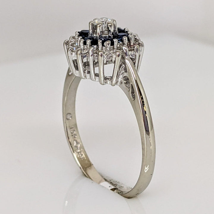 14K WHITE SAPPHIRE ROUND (6) WITH (19) MELEE ESTATE CLUSTER RING 3.3 GRAMS