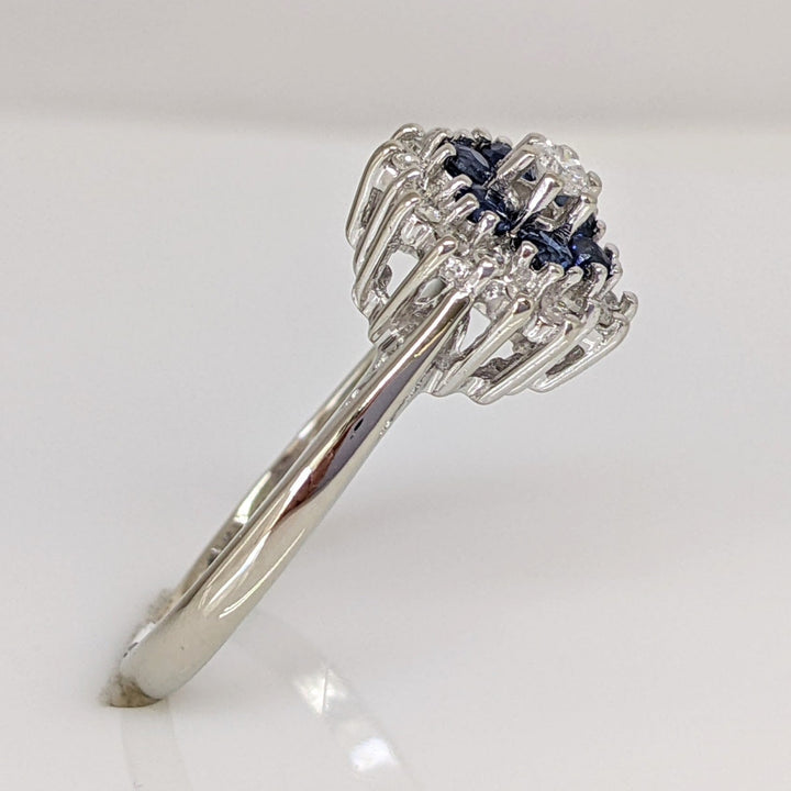 14K WHITE SAPPHIRE ROUND (6) WITH (19) MELEE ESTATE CLUSTER RING 3.3 GRAMS