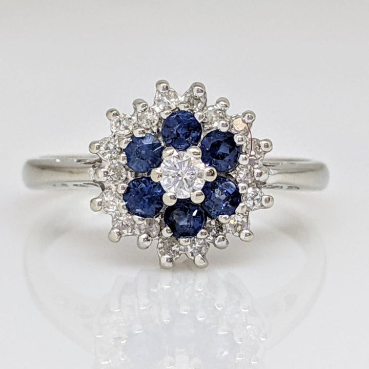 14K WHITE SAPPHIRE ROUND (6) WITH (19) MELEE ESTATE CLUSTER RING 3.3 GRAMS