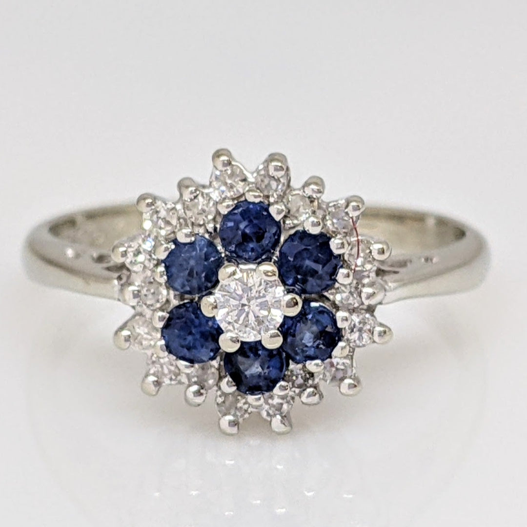 14K WHITE SAPPHIRE ROUND (6) WITH (19) MELEE ESTATE CLUSTER RING 3.3 GRAMS