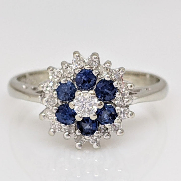 14K WHITE SAPPHIRE ROUND (6) WITH (19) MELEE ESTATE CLUSTER RING 3.3 GRAMS