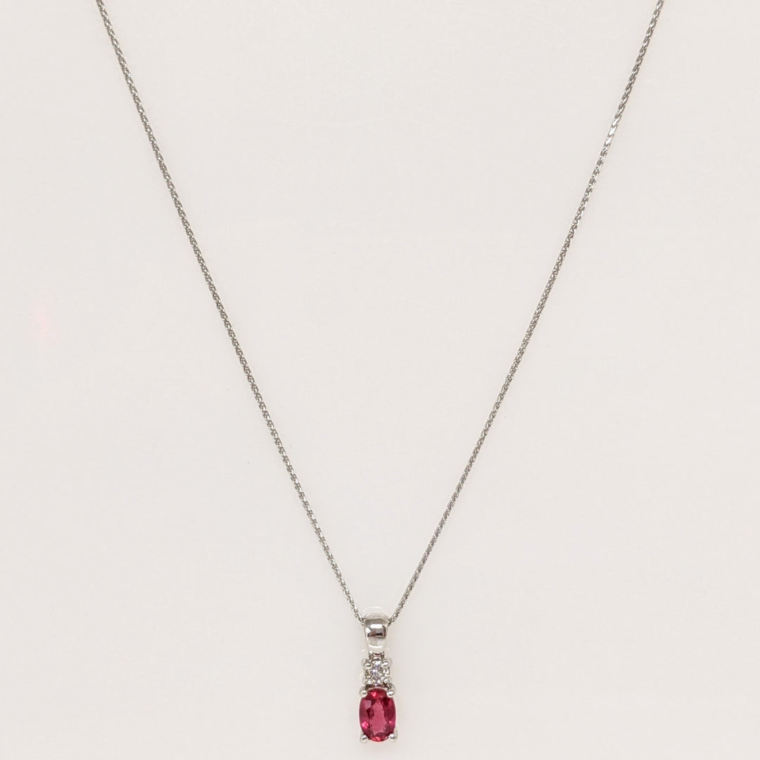 14K WHITE RUBY "AA" OVAL 4X6 WITH .07 CARAT TOTAL DIAMOND ROUND ESTATE PENDANT & CHAIN 2.3 GRAMS