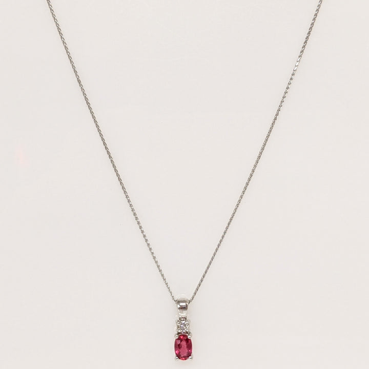 14K WHITE RUBY "AA" OVAL 4X6 WITH .07 CARAT TOTAL DIAMOND ROUND ESTATE PENDANT & CHAIN 2.3 GRAMS