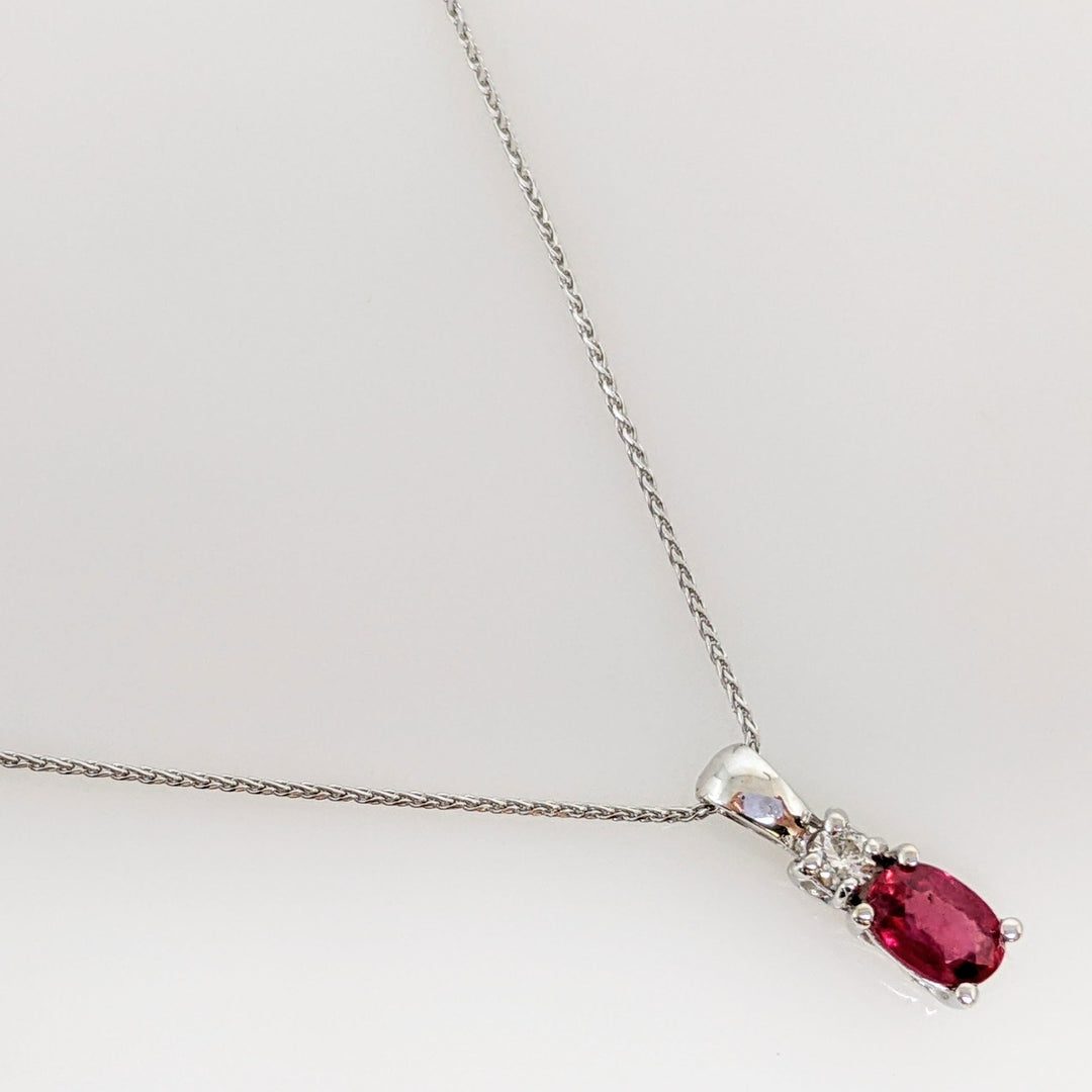 14K WHITE RUBY "AA" OVAL 4X6 WITH .07 CARAT TOTAL DIAMOND ROUND ESTATE PENDANT & CHAIN 2.3 GRAMS
