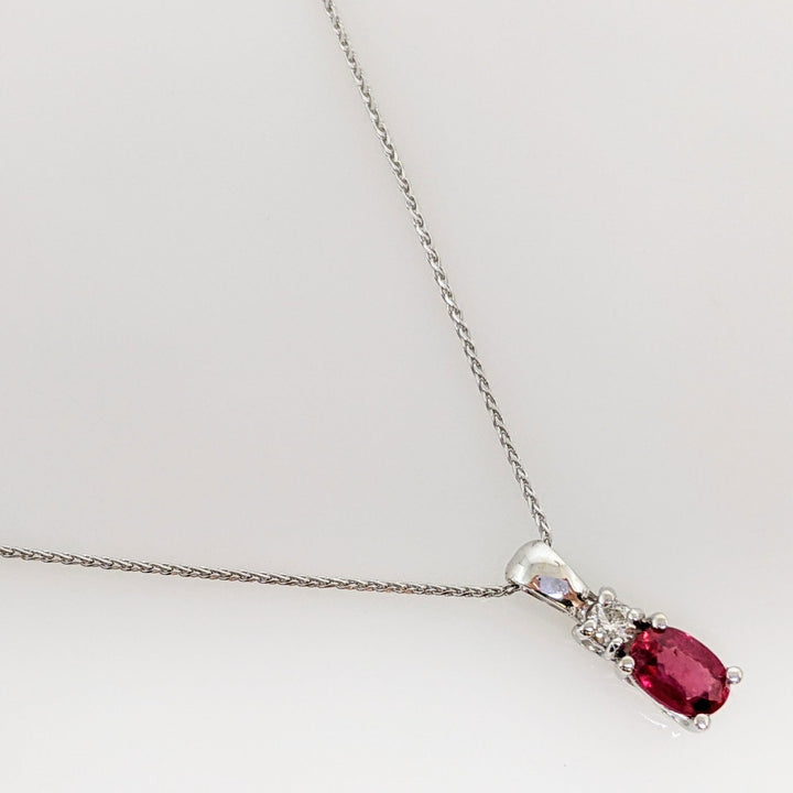 14K WHITE RUBY "AA" OVAL 4X6 WITH .07 CARAT TOTAL DIAMOND ROUND ESTATE PENDANT & CHAIN 2.3 GRAMS
