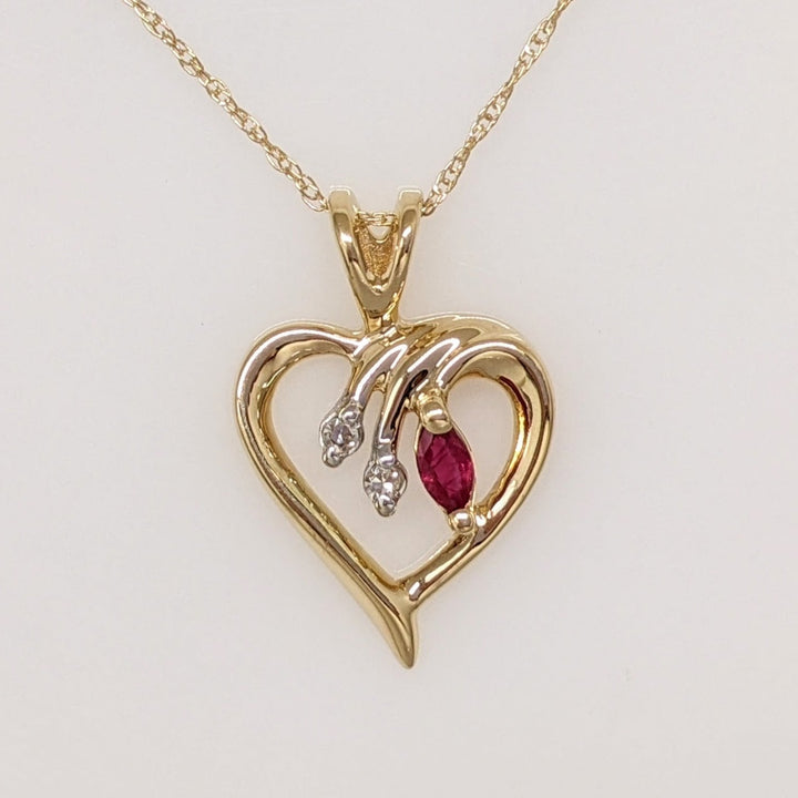 14K RUBY MARQUISE 2X4 WITH (2) MELEE ESTATE PENDANT & CHAIN  1.8 GRAMS