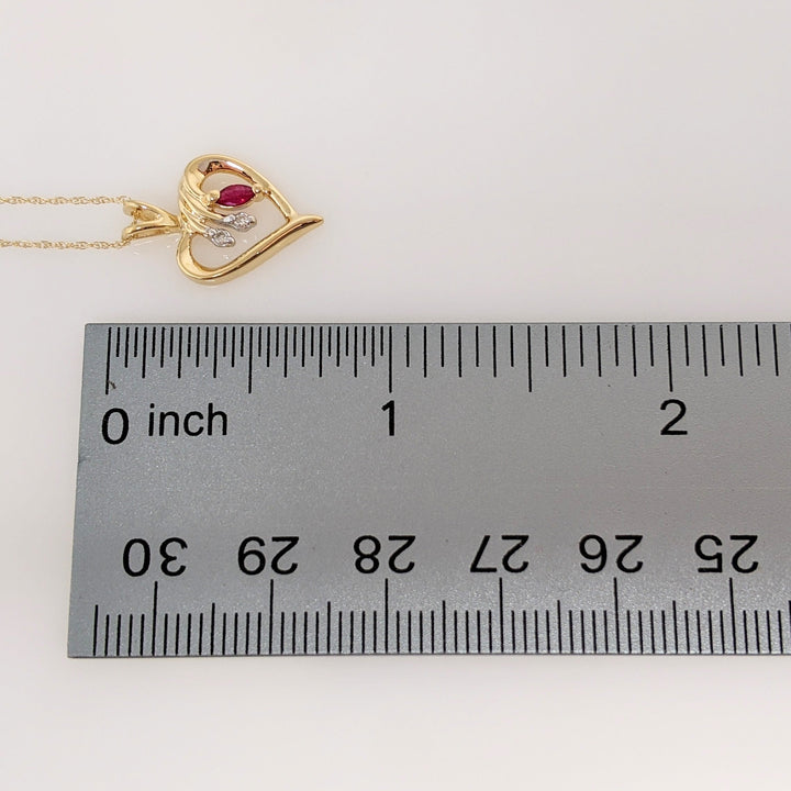 14K RUBY MARQUISE 2X4 WITH (2) MELEE ESTATE PENDANT & CHAIN  1.8 GRAMS